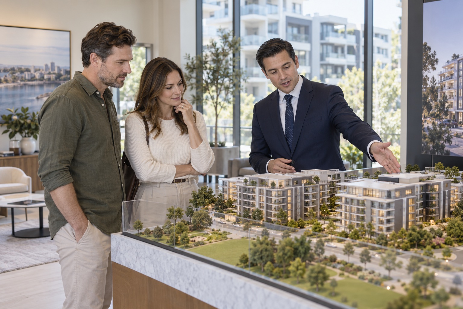 Property agent presenting a new apartment development to buyers in a sales showroom