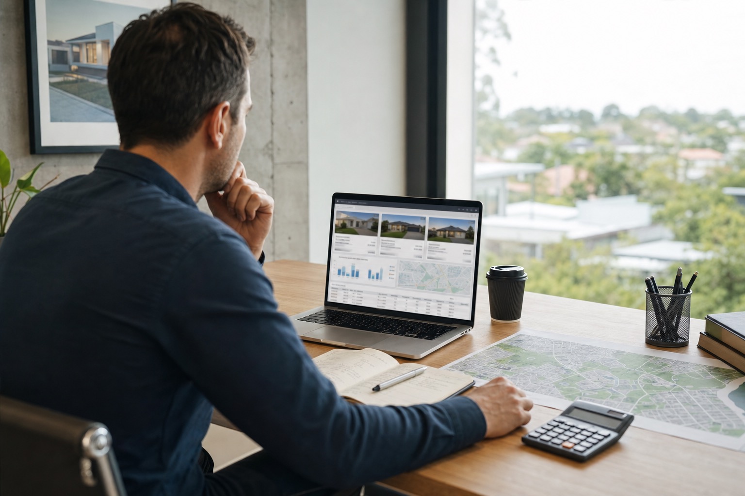 Investor comparing recent sold properties on a laptop beside a feasibility worksheet