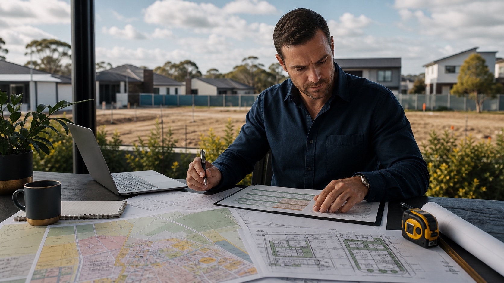 Calculator and property development plans representing GST margin scheme calculations