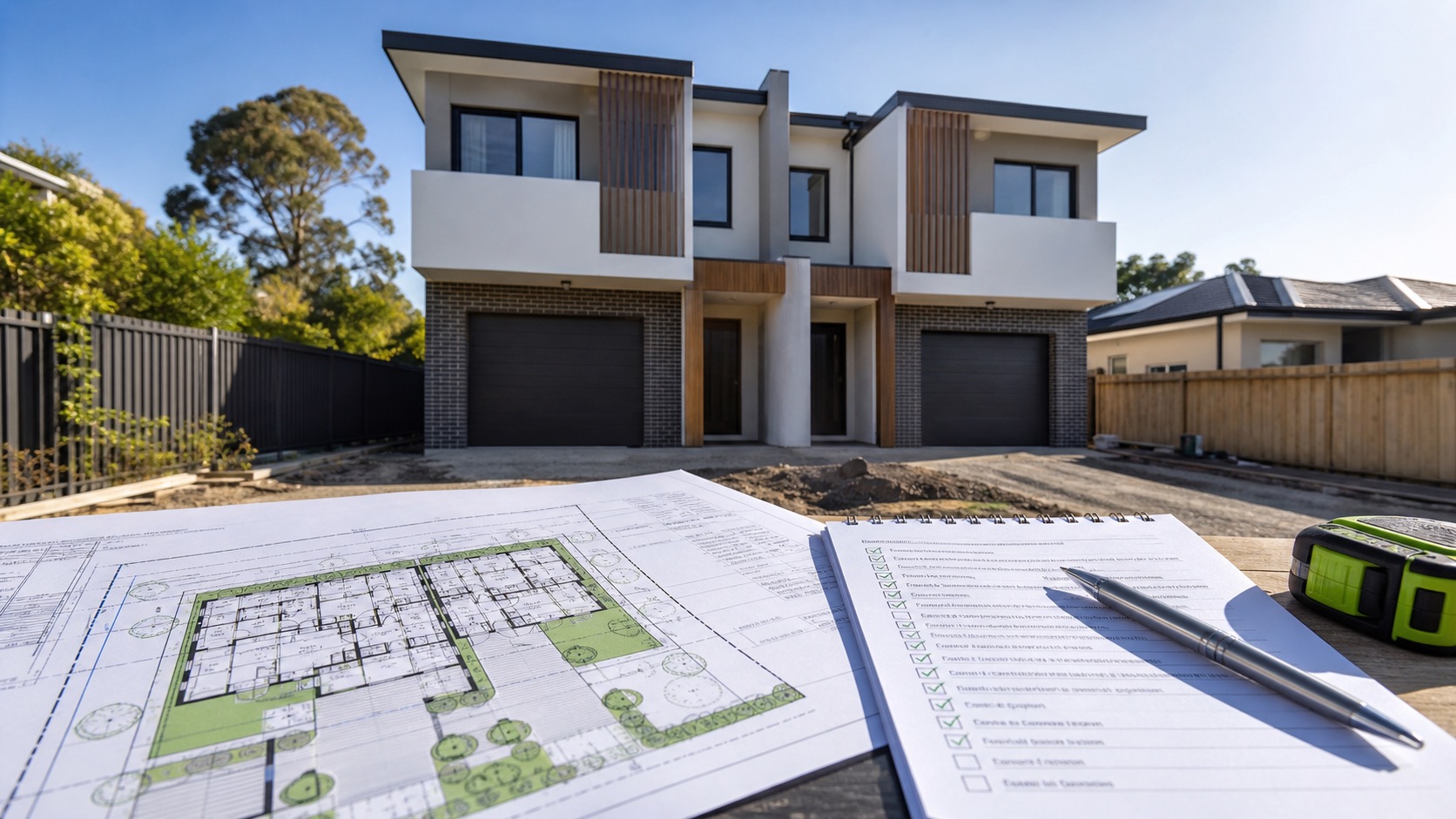 Quantity surveyor reviewing construction cost estimates on site plans