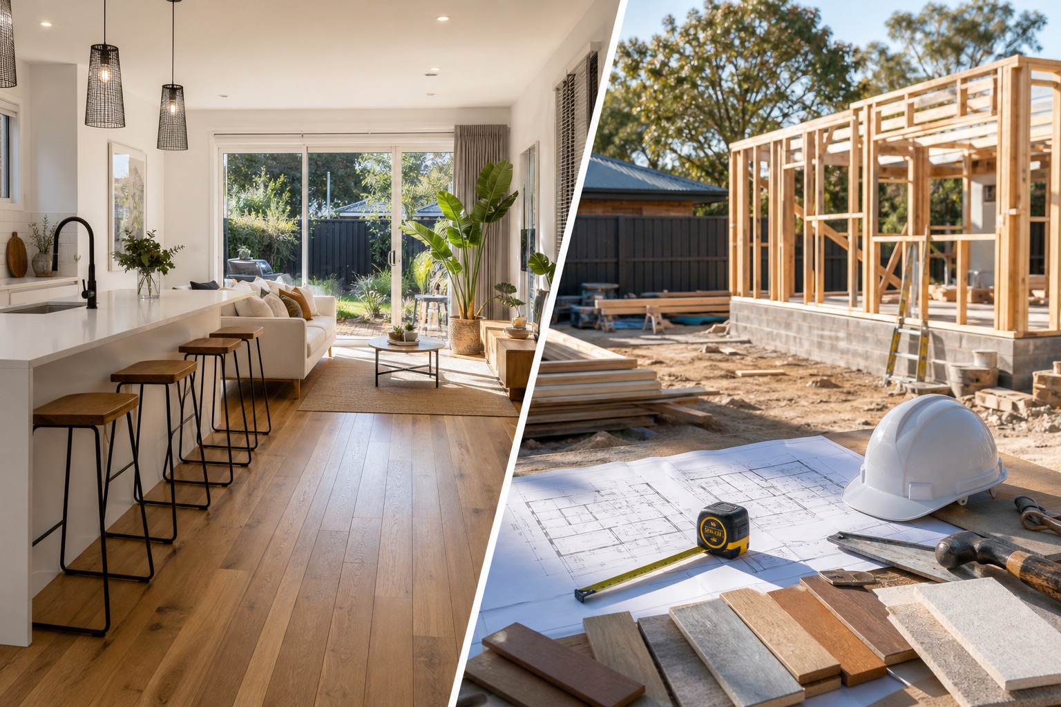 Split image of a renovated Australian home and a small development site plan